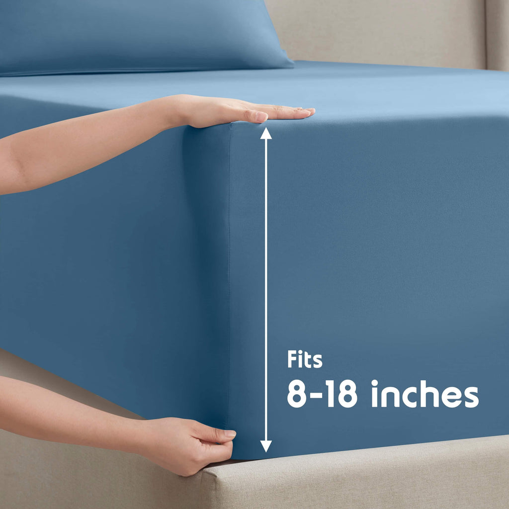 Cooling Sateen Split King Sheet Sets, Deep Pocket 5 Piece, Luxury Soft Microfiber Bed Sheet Sets, BLUE HEAVEN - Breathable Egyptian Cotton Flat & Fitted Sheets Detail