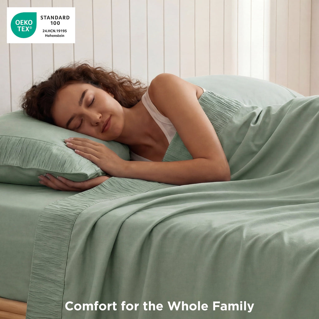 Breathable Luxury Queen Sheets Set, 4 Pieces Deep Pockets Cooling Soft Polyester Microfiber Bed Sheets Set, Sea Foam Green - Breathable Egyptian Cotton Flat & Fitted Sheets Detail