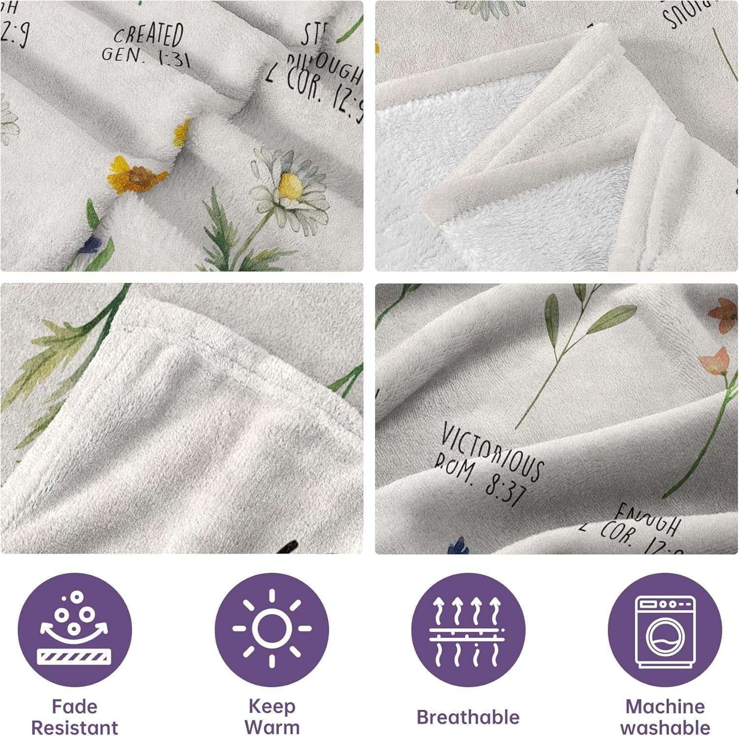 Lightweight Warm Christian Gifts for Women, Christian Blanket with Flowers, Birthday Gifts for Women, Inspirational, Religious Gifts f... - Super Soft Reversible Sherpa Flannel Blanket Detail