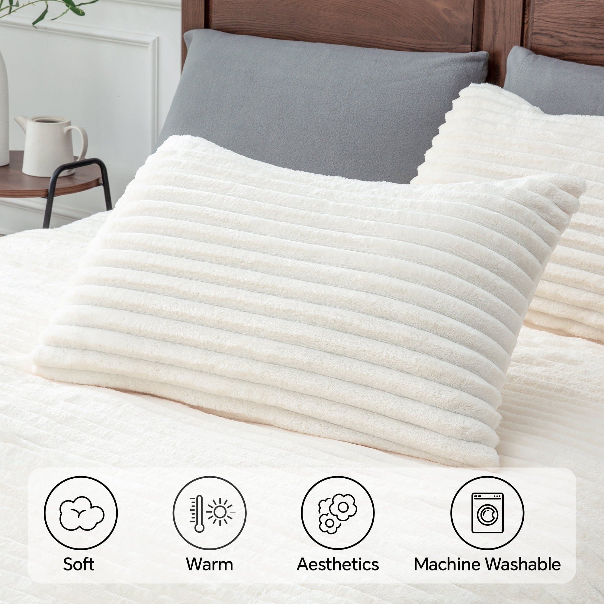 Hypoallergenic Cloud Fleece Queen Comforter Set -Super Soft & Warm Fluffy White Bedding, Luxury Fuzzy Heavy Bed Set for Winter with 2 Pill... - All-Season Down Alternative Comforter Insert Detail