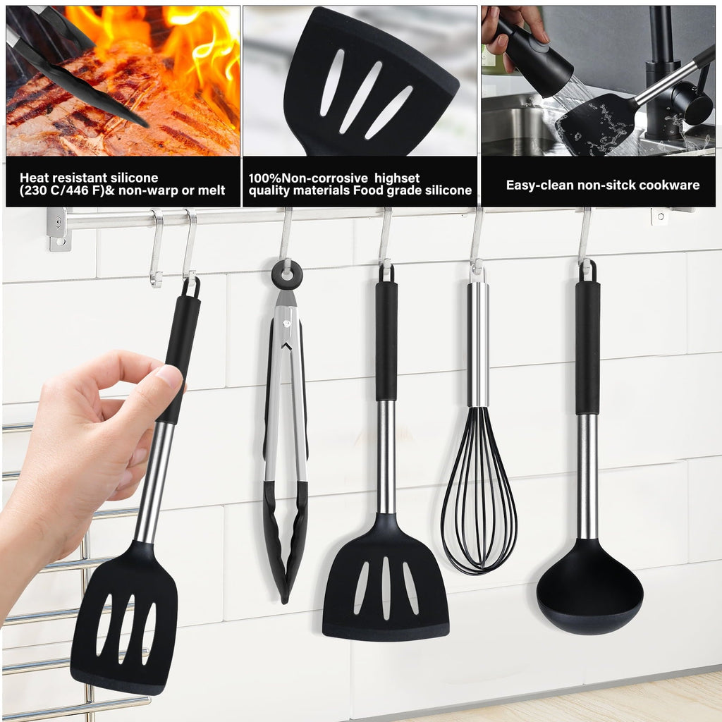 Durable Steel Silicone Cooking Utensils Set, 26 Pcs, Heat Resistant Kitchen Utensils Set, Black - High-Precision Culinary Tool for Baking & Cooking Detail