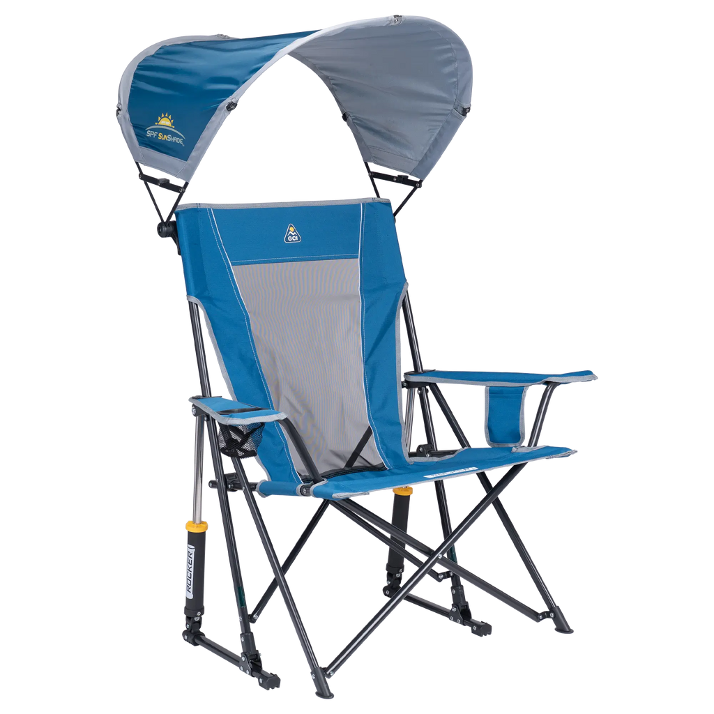 Luxury Camp SunShade Rocker - Choice 550 - Patented Spring-Action Rocking Chair for Camping - Neptune Blue