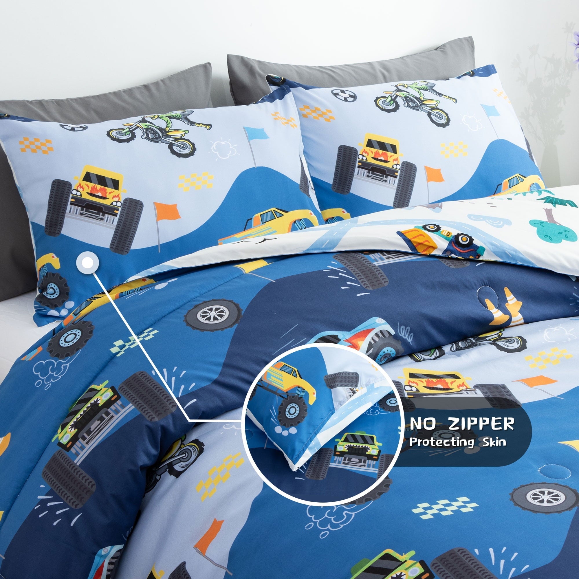 All-Season 3Pcs Reversible Construction Truck Twin Comforter Set for Boys Kids Excavator Vehicle Motorcycle Bedding Set Blue - All-Season Down Alternative Comforter Insert Detail