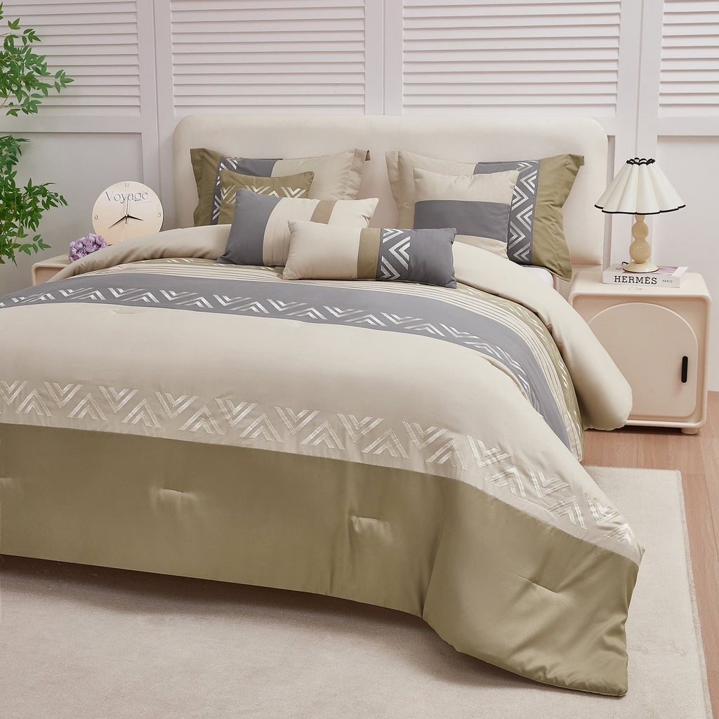 All-Season 7 Piece Embroidery Design Bed-in-a-Bag, Taupe Queen Size Ultra Soft Comforter Set for Adults - Luxurious Quilted Duvet Cover Set Detail