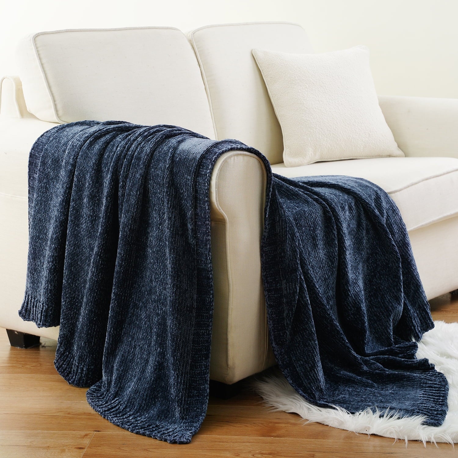 Decorative Knitted Navy Blue Chenille Throw for Couch Bed,Soft Navy Knit Blanket, Housewarming Gifts, 51"x 67" - Cozy Fleece Throw Blanket for Couch & Bed Detail