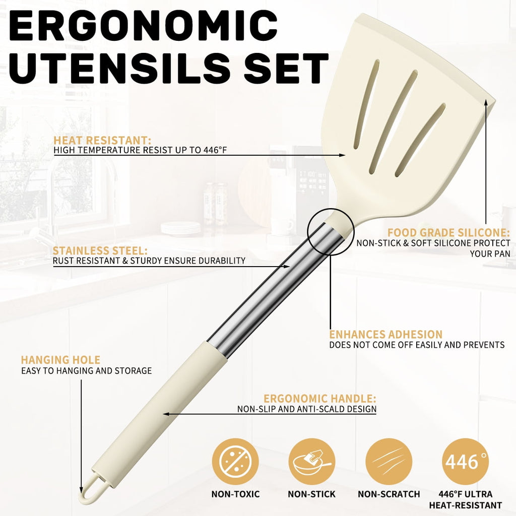 Premium Silicone Silicone Cooking Utensil Set, 30 Pcs Kitchen Utensils Set with Stainless Steel Handle, Food Grade Silicone Spatula Se... - Heat-Resistant Silicone Cooking Spatula Turner Detail