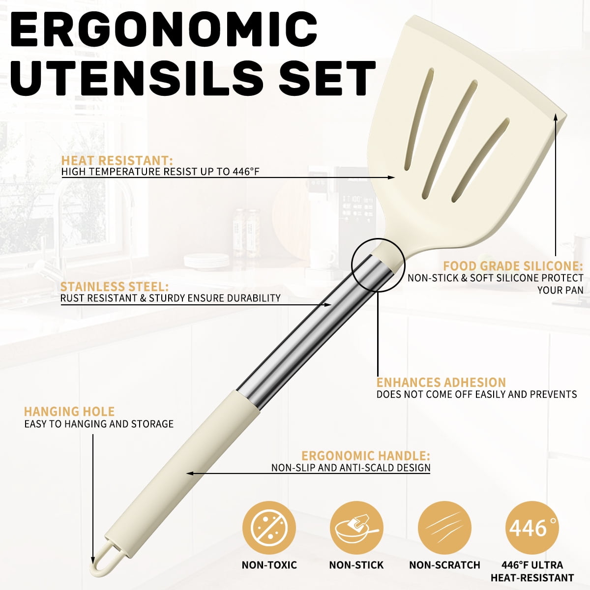 Premium Silicone Silicone Cooking Utensil Set, 30 Pcs Kitchen Utensils Set with Stainless Steel Handle, Food Grade Silicone Spatula Se... - Heat-Resistant Silicone Cooking Spatula Turner Detail