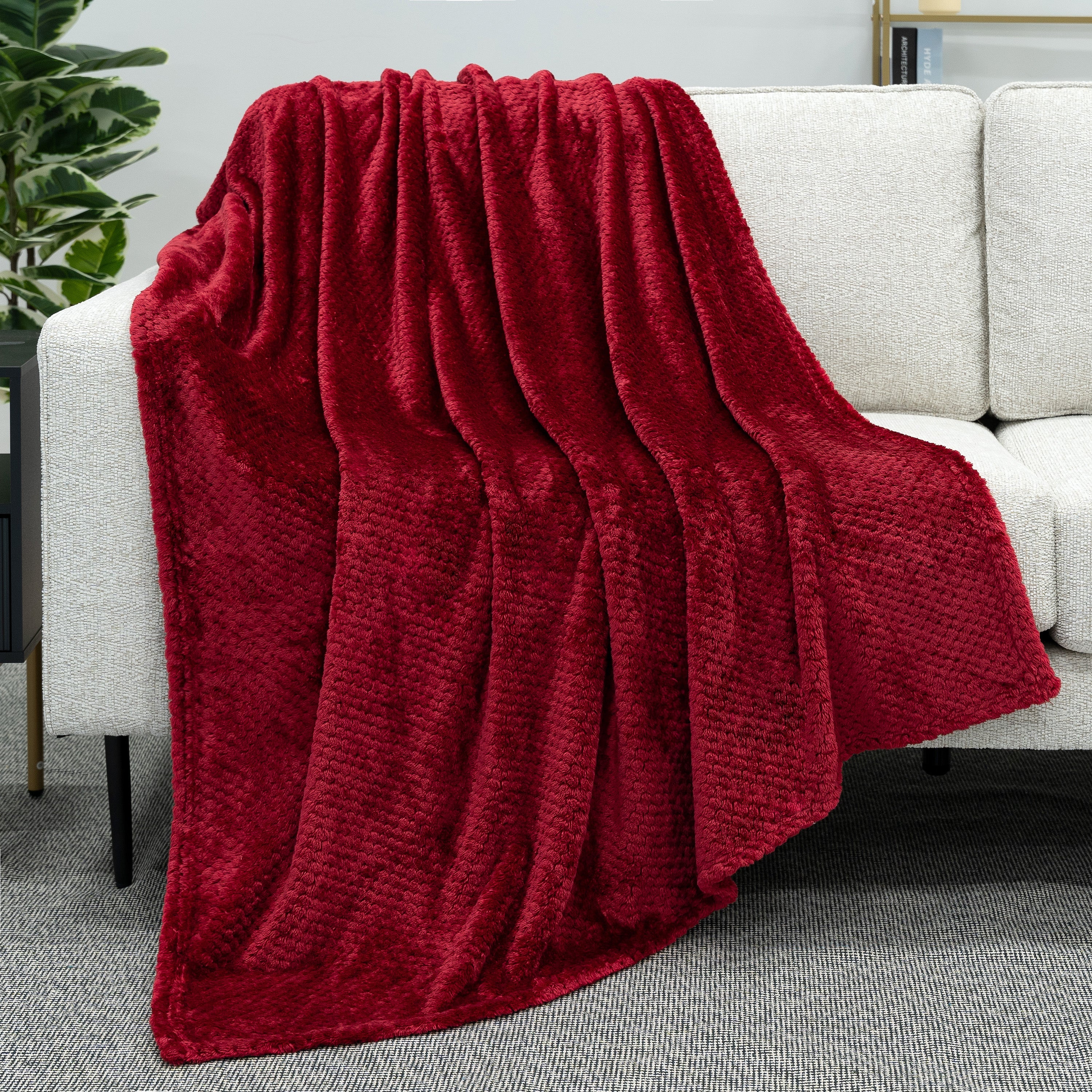 Decorative Knitted Maroon Red Throw Blanket for Couch, Twin Bed, Soft Fleece Throws for Sofa Chair, Fuzzy Waffle Textured Blanket, Cozy ... - Lightweight Plush Warm Blanket for All Seasons Detail