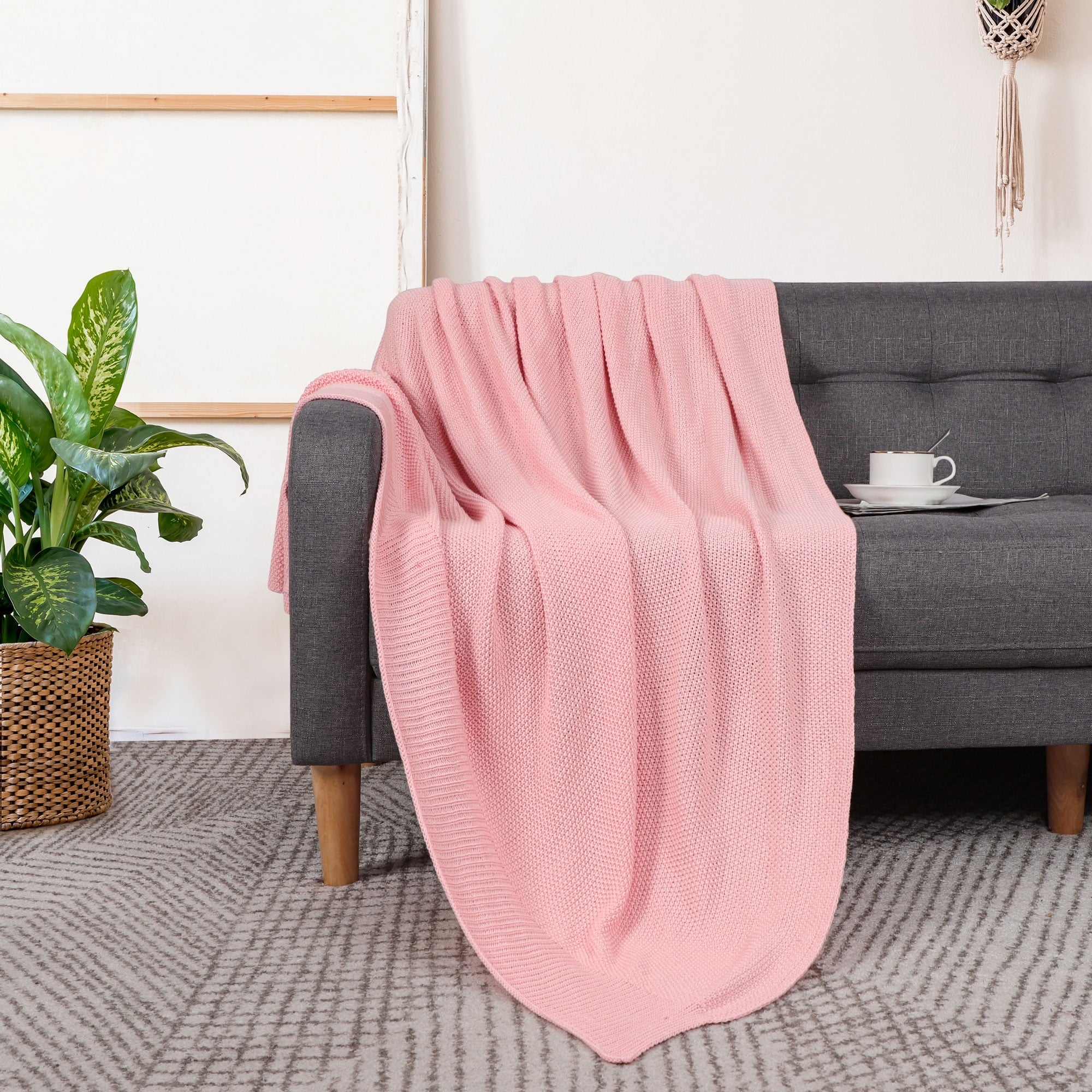 Lightweight Warm Pure Cotton Soft Cable Knit Throw Blanket Pink 50" x 70" - Cozy Fleece Throw Blanket for Couch & Bed Detail
