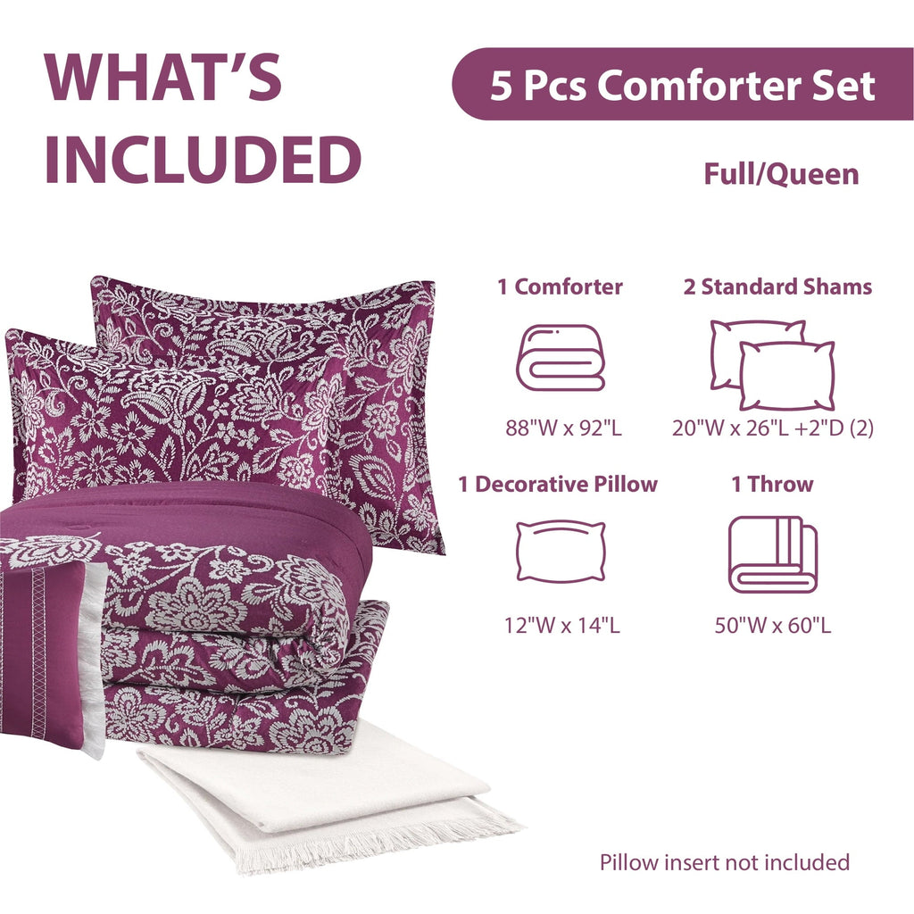 Luxurious Quilted 5-Piece Jacquard Comforter Set with Decor Pillow and Throw Purple Flocking Embroidery Bedding Set, Full/Queen - Cloud-Like Soft Lightweight Bed Comforter Detail