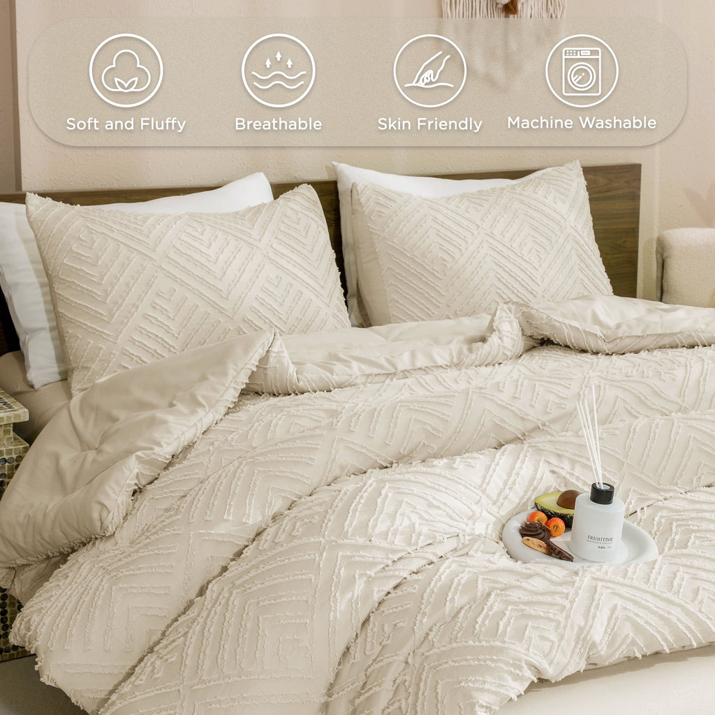 Heavyweight Warmth King Size Comforter Sets Beige - 3 Pieces Cream Boho Bedding Comforter Set for King Bed - Soft Fluffy Tufted Textured... - Cloud-Like Soft Lightweight Bed Comforter Detail