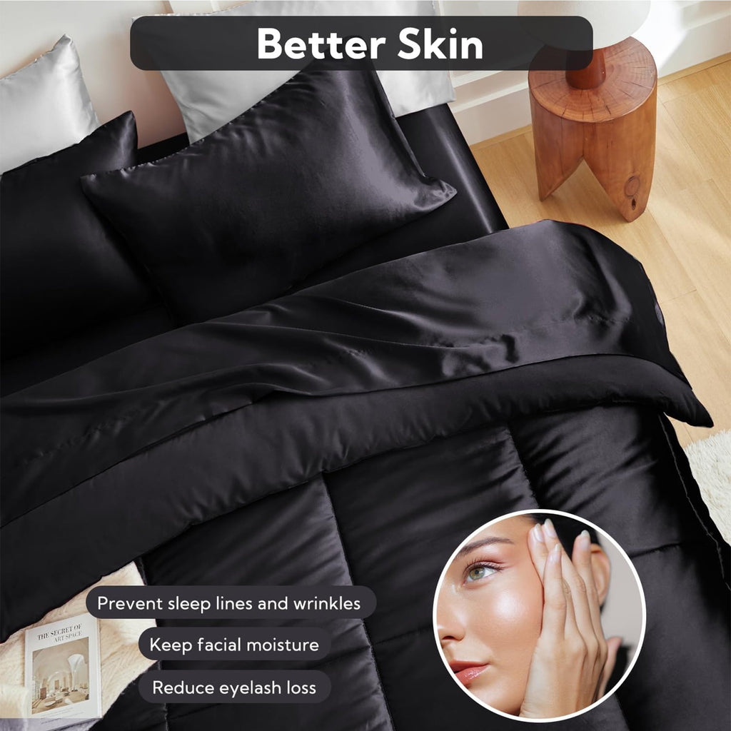 Heavyweight Warmth Reversible Satin Microfiber Comforter 3 Pieces Queen Size, Black Queen Comforter Set for All Seasons, Silky Soft Sati... - Cloud-Like Soft Lightweight Bed Comforter Detail