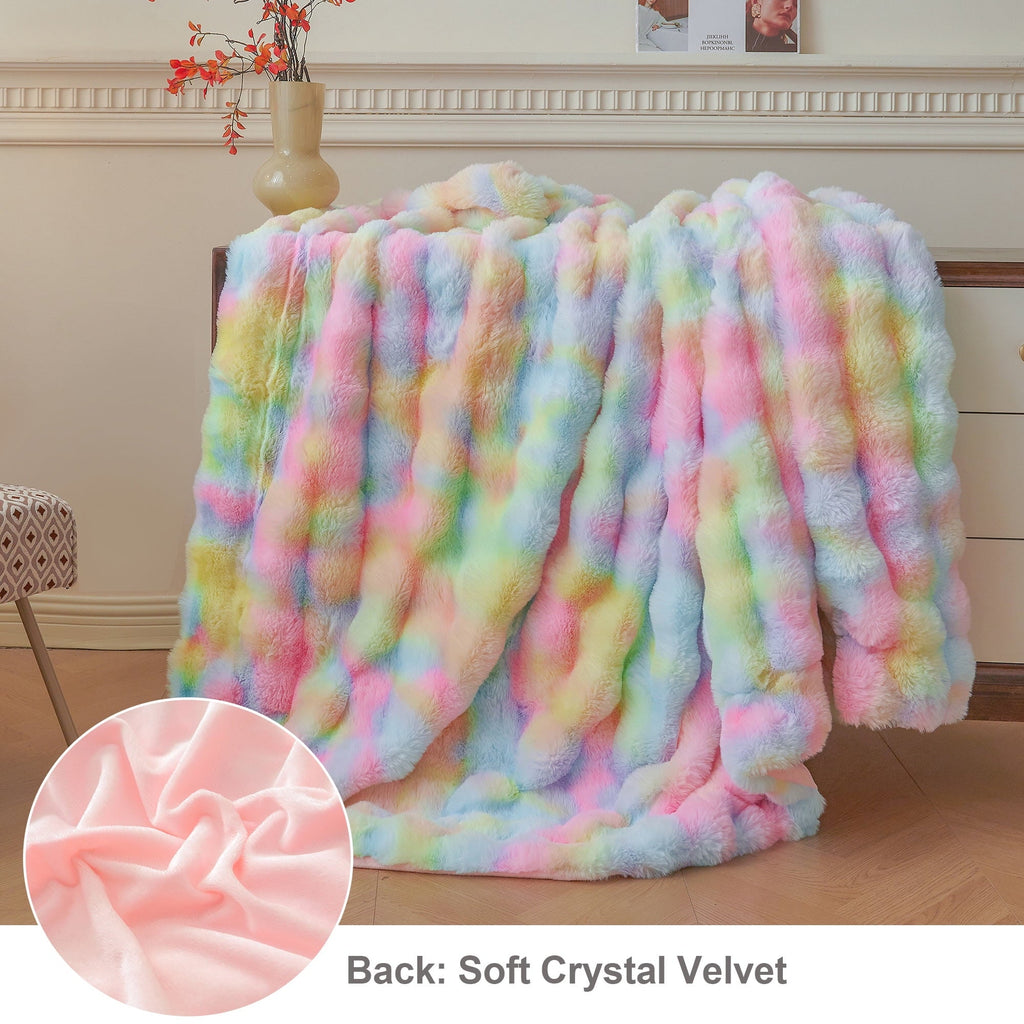 Lightweight Warm Fluffy Faux Rabbit Fur Bubble Throw, Rainbow Plush Shaggy Blanket for Couch Sofa Chair, Soft Tie Dye Furry Blanket Ad... - Lightweight Plush Warm Blanket for All Seasons Detail