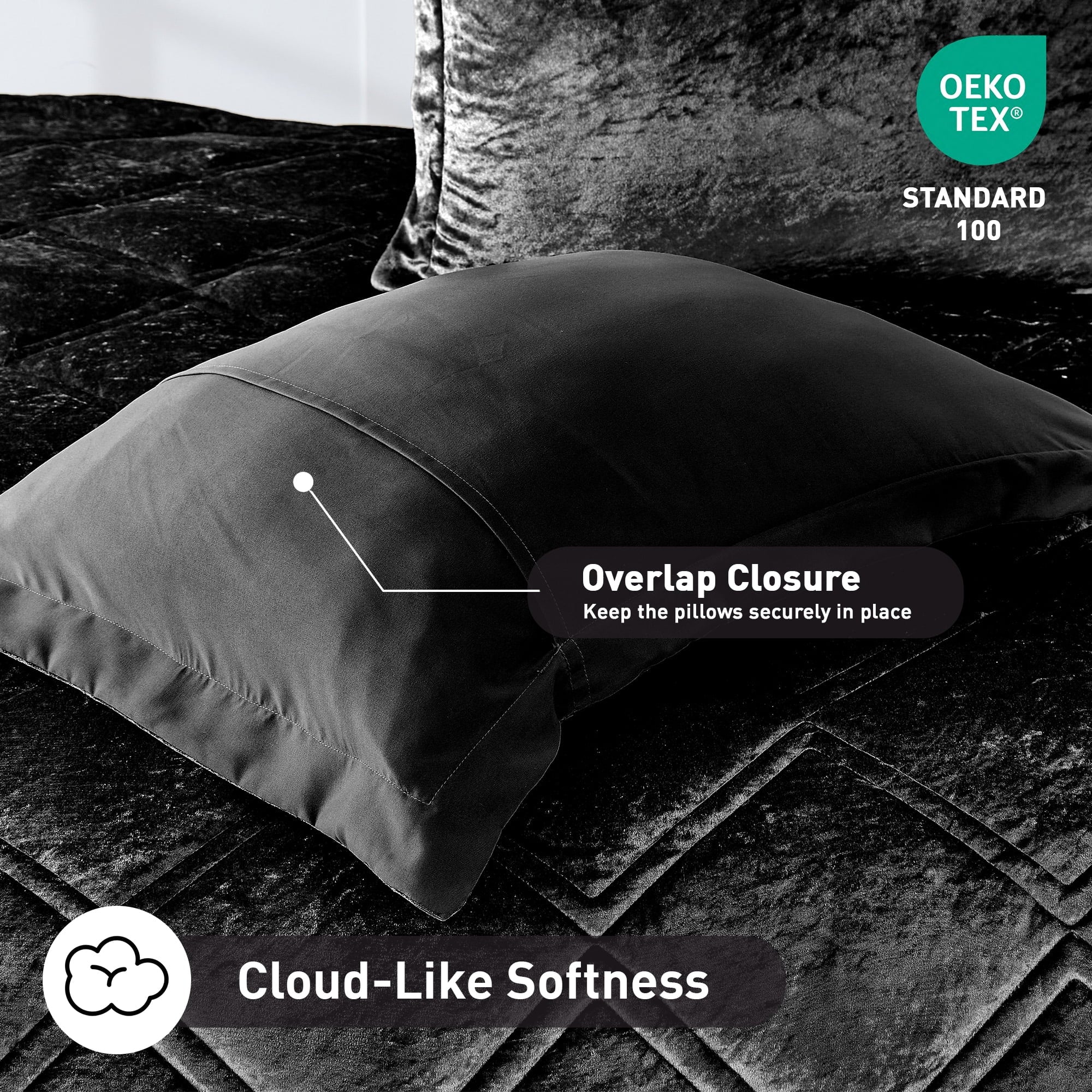 Fluffy Down Alternative King/Cal King Size Comforter Sets, Velvet Bedding Comforter Set for All Seasons, Black Bedding Set with Decor Pillow - Hypoallergenic Ultra-Fluffy Quilt for Winter Detail