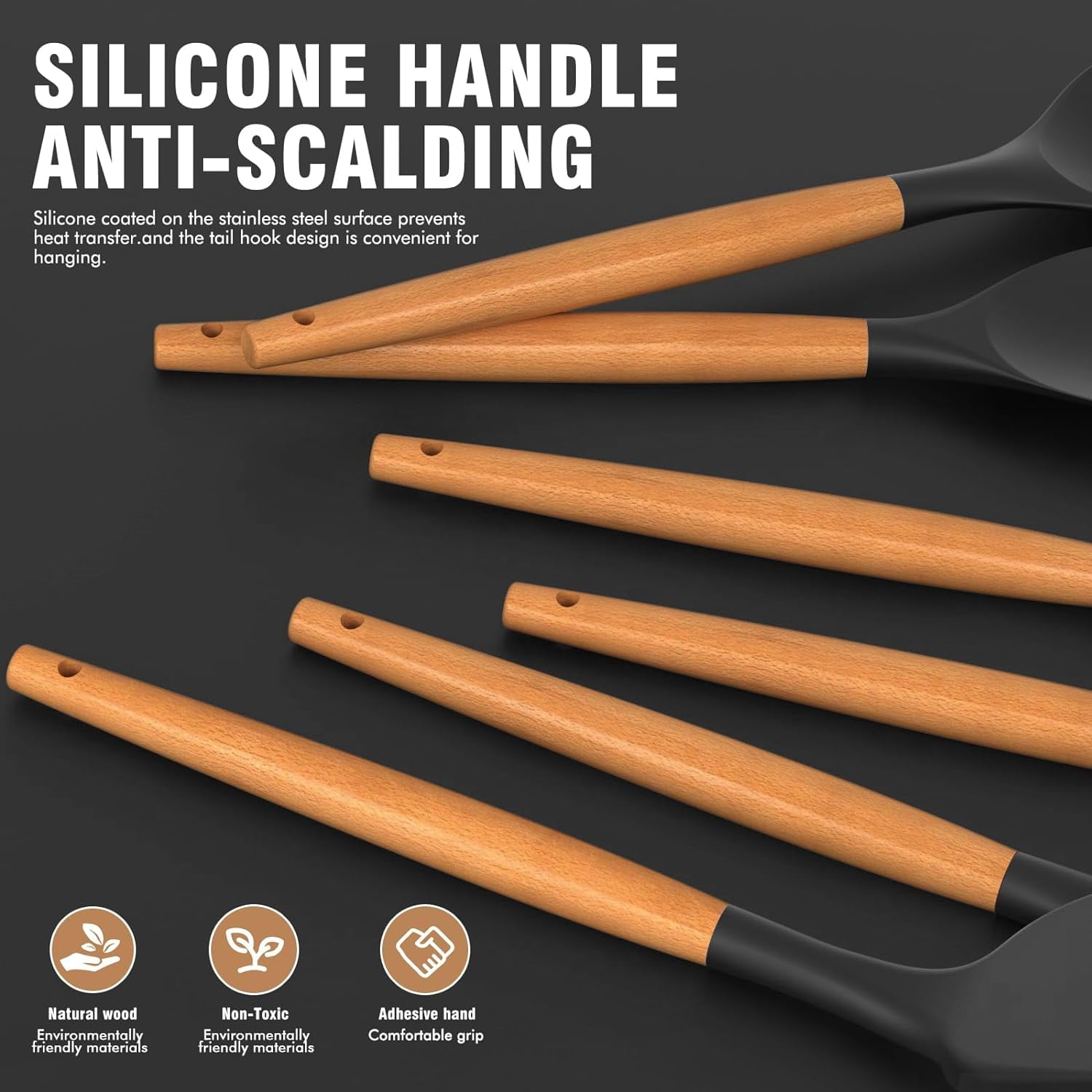 Professional Grade Silicone Cooking Utensils Set - Silicone Kitchen Utensils for Cooking Wooden Handles, 446°F Heat Resistant Kitchen Ut... - Multi-Purpose Hand Tool for Daily Meal Prep Detail