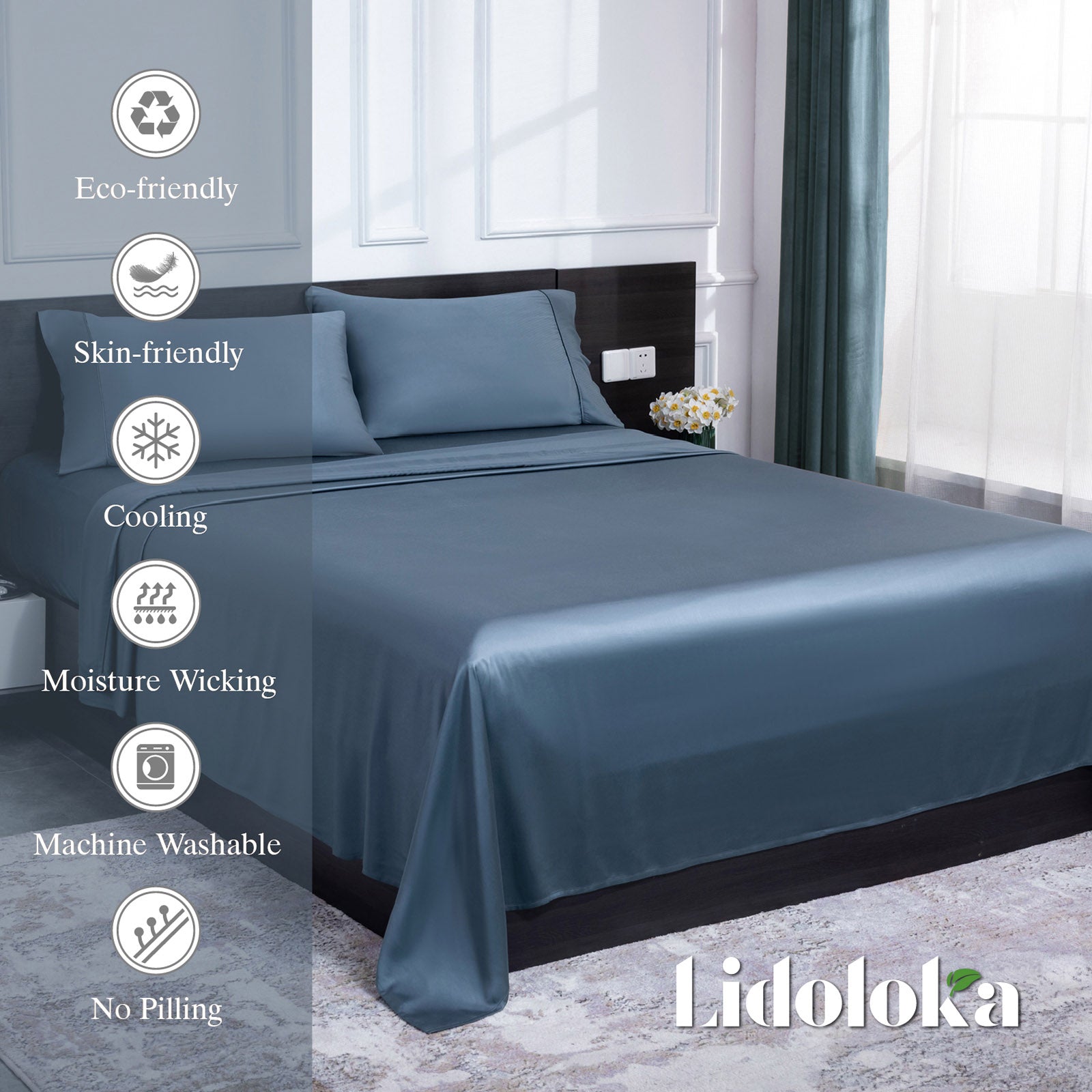 Breathable Luxury Luxury Bamboo Bed Sheets Set Full 4 Pcs for Adult,Soft&Cool,16" Deep Pocket,Blue Gray - Premium Ultra-Soft Pillowcase Pair for Sleeping Detail