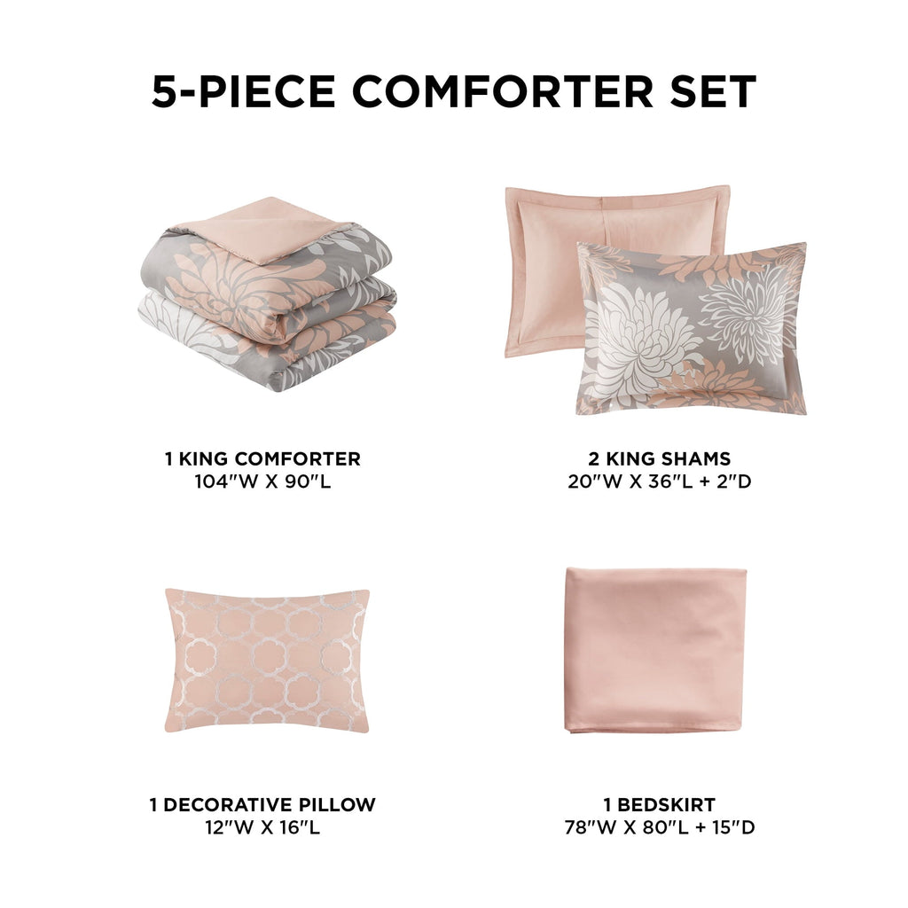 Fluffy Down Alternative King Size Comforter Set, 5-Piece Floral Bedding Set for All Season, Blush Comforter Set King with Bed Skirt - All-Season Down Alternative Comforter Insert Detail