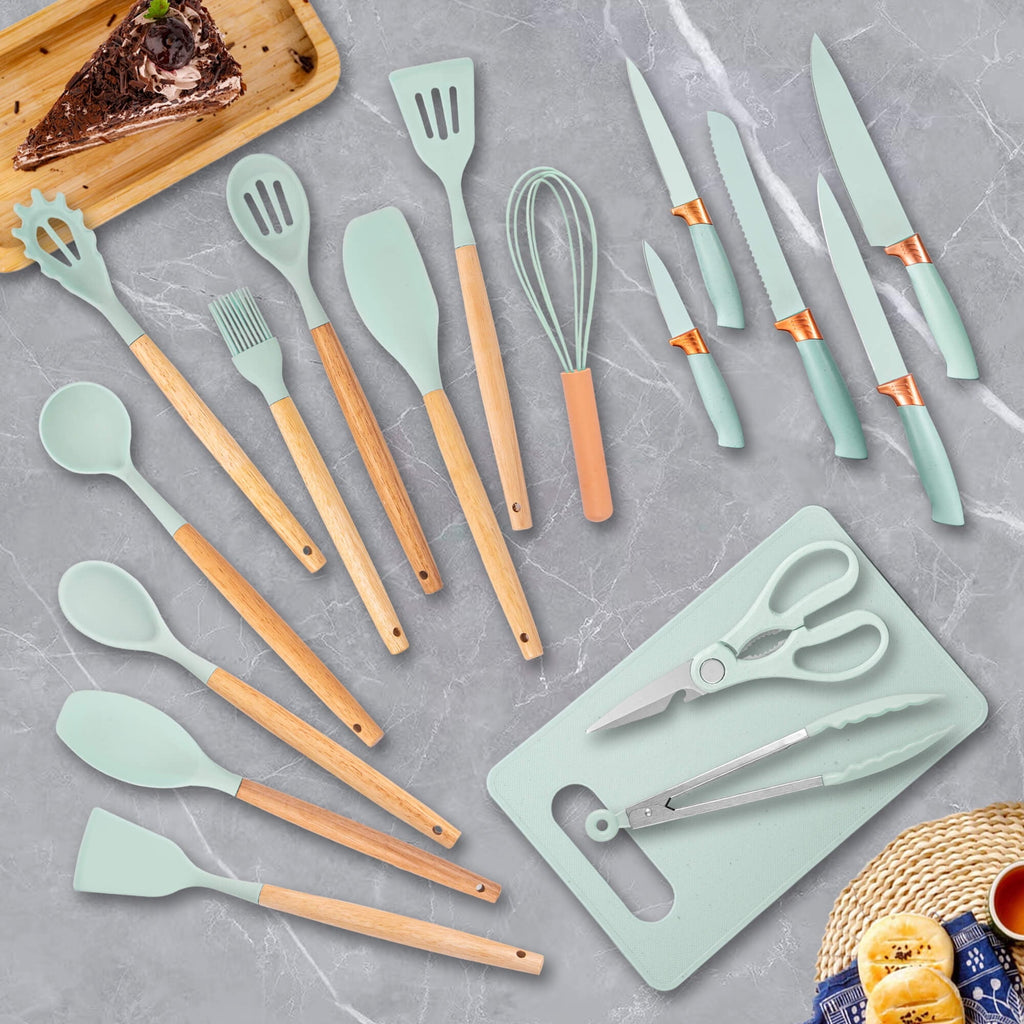 Heat-Resistant 19pcs Silicone Kitchen Utensil Set, Heat-Resistant Non-Stick Easy Cooking Cleaning Home Light-Green - Durable Turner & Ladle Utensil Set for Home Chefs Detail