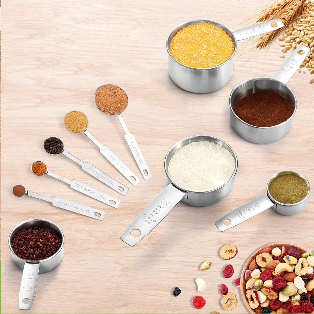 Ergonomic Cooking Measuring Cups and Spoons Set of 10, 5 Stainless Steel Cups and 5 Spoons for Kitchen Cooking Baking - Ergonomic Kitchen Tongs and Cooking Spoon Utensil Detail