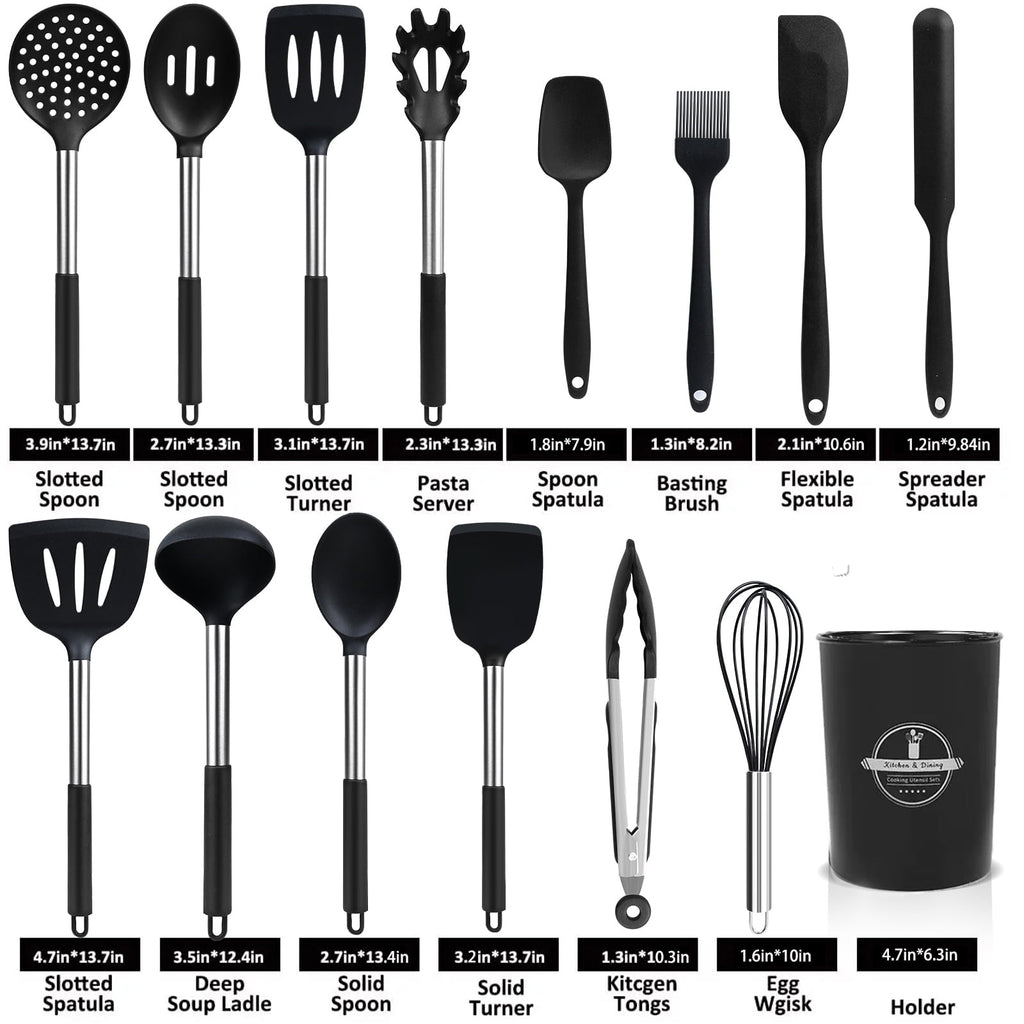 Durable Steel Silicone Cooking Utensils Set, 26 Pcs, Heat Resistant Kitchen Utensils Set, Black - High-Precision Culinary Tool for Baking & Cooking Detail