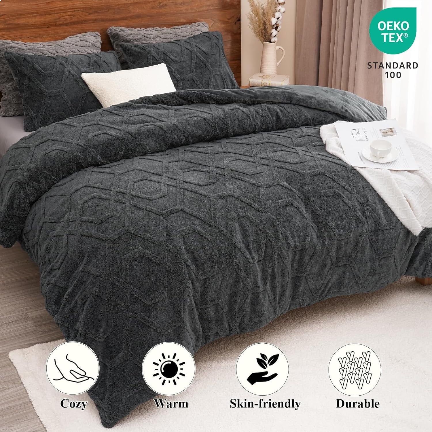 All-Season Warm Sherpa Fleece Queen Comforter Set, 3D Tufted Fluffy Dark Grey Bedding for Winter, Soft 3 Pieces Shaggy Bed Set, ... - Hypoallergenic Ultra-Fluffy Quilt for Winter Detail