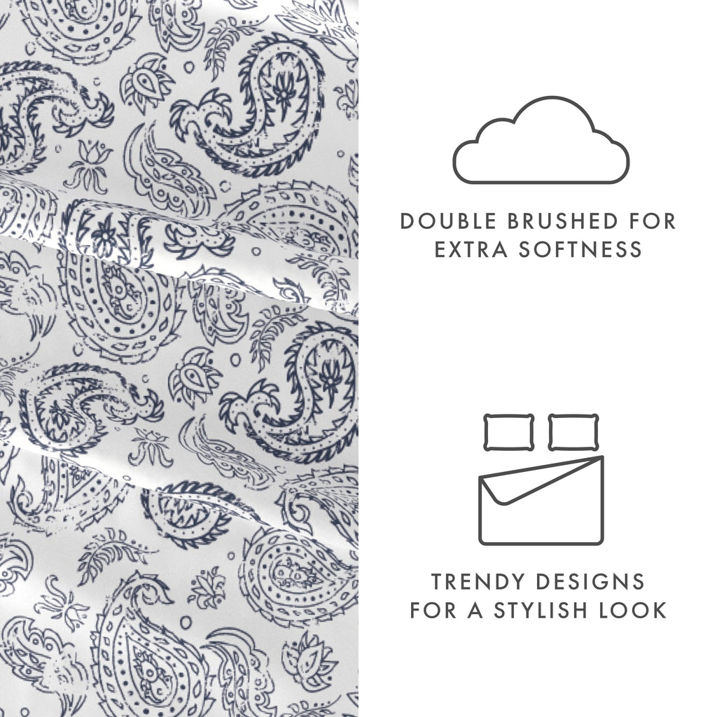 Premium Egyptian Cotton 4 Piece Pattern Microfiber Bed Sheets Set, Navy Coarse Paisley, Full - Luxury Bed Sheet Set with Deep Pockets Detail