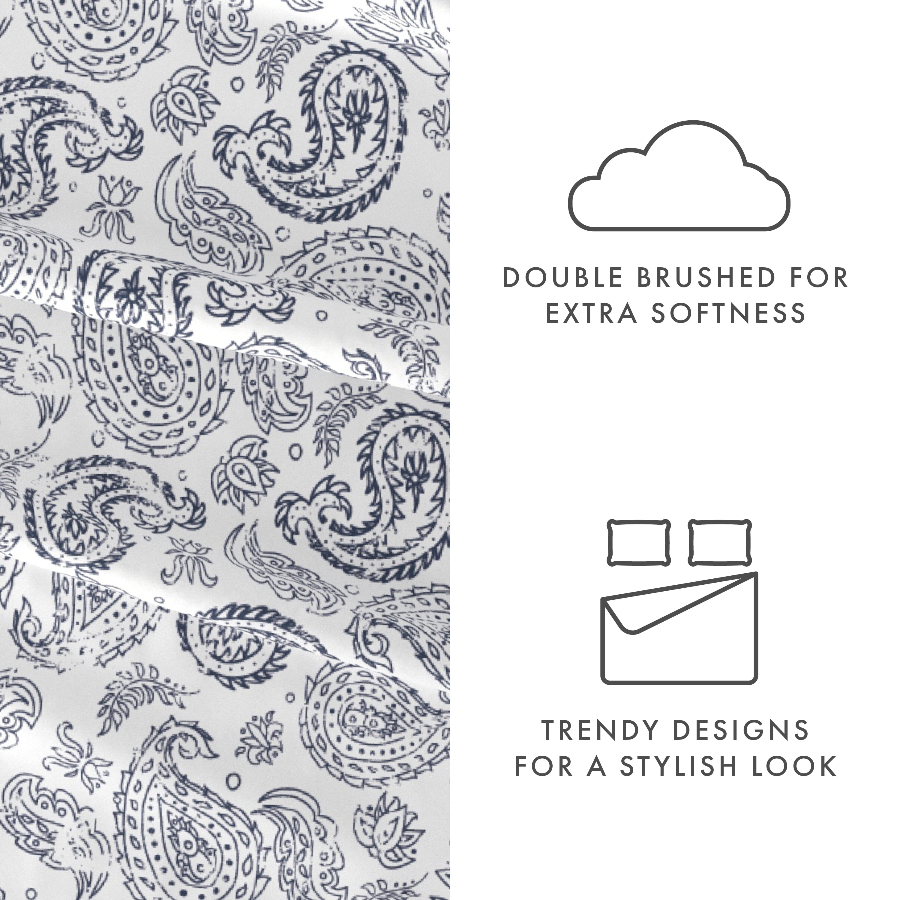 Premium Egyptian Cotton 4 Piece Pattern Microfiber Bed Sheets Set, Navy Coarse Paisley, Full - Luxury Bed Sheet Set with Deep Pockets Detail