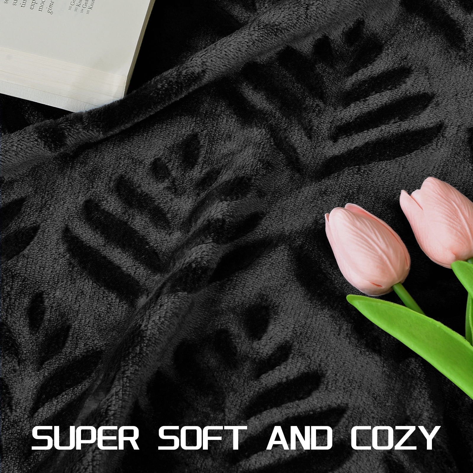 Cozy Fleece Fleece Throw Blanket for Couch, Leaves Pattern Super Soft and Cozy Blankets, Plush Fuzzy Lightweight, Black, 50"x60" - Luxury Knitted Decorative Throw Blanket with Fringes Detail