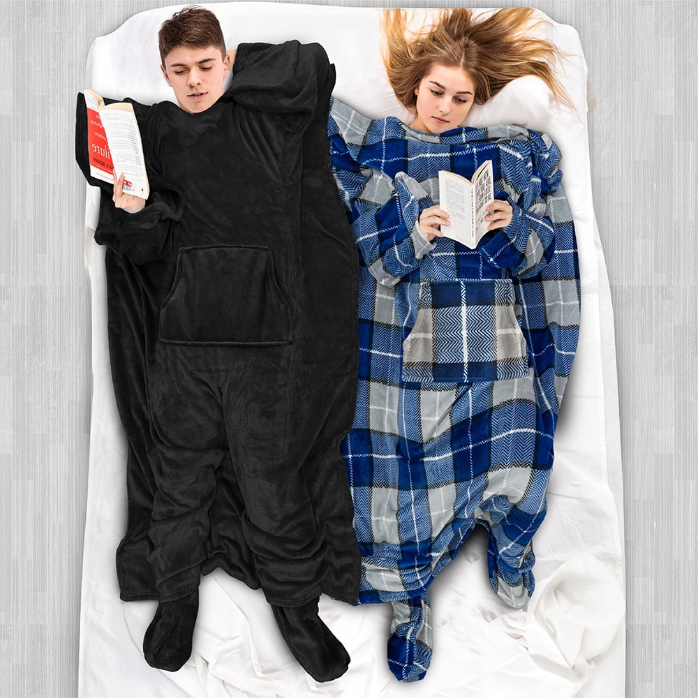 Cozy Fleece Fleece Blanket with Sleeves, Foot Pockets for Women Men Adults, Plush Wearable Blanket Throw Wrap, Warm Snuggle Blank... - Super Soft Reversible Sherpa Flannel Blanket Detail
