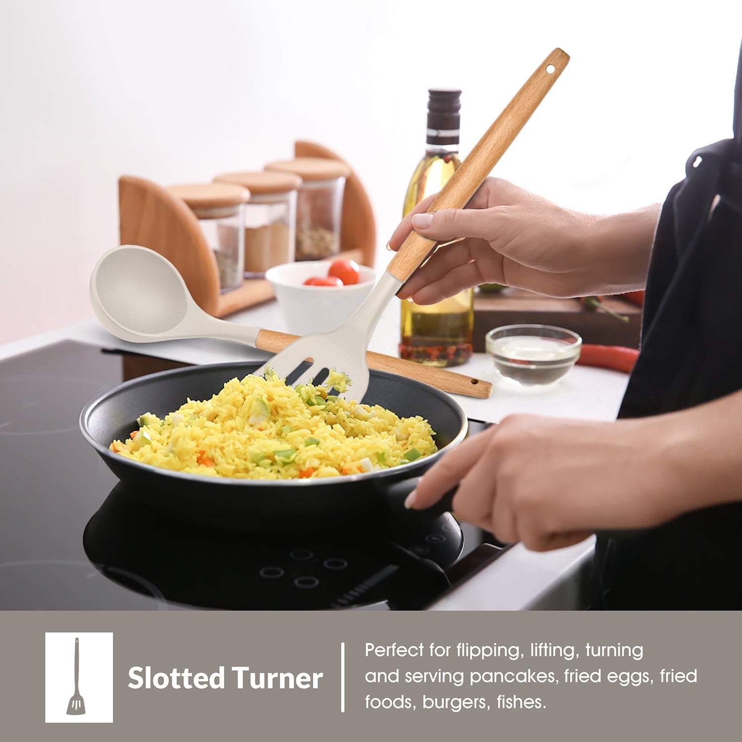 Non-Stick Safe Kitchen Utensils Set of 6, Silicone Cooking Utensils with Wooden Handle, Non-Stick Cookware & Heat Resistant, Include... - Heat-Resistant Silicone Cooking Spatula Turner Detail