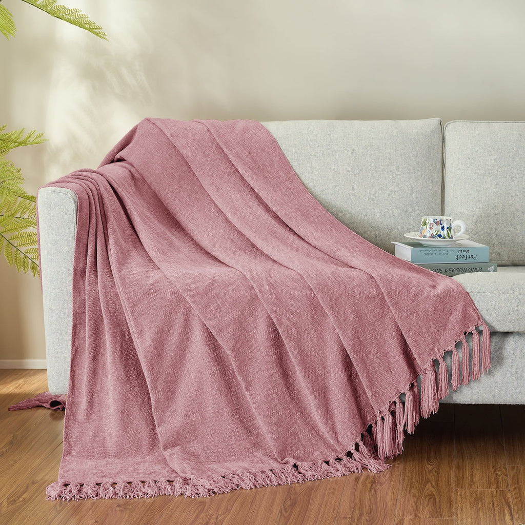 Super Soft Flannel Chenille Throw Blanket with Fringe Tassel for Couch Sofa Chair Bed, Mauve 50" X 70" - Luxury Knitted Decorative Throw Blanket with Fringes Detail