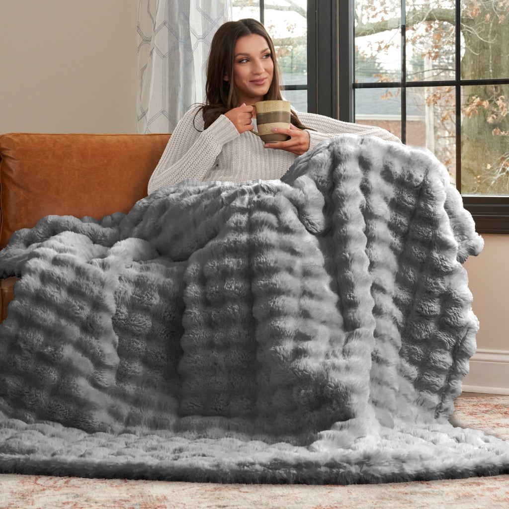 Super Soft Flannel Serenade Gray Textured Faux Fur Throw Blanket, 50 x 70 - Cozy Fleece Throw Blanket for Couch & Bed Detail