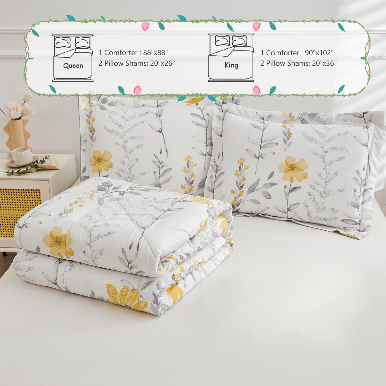 Fluffy Down Alternative 3 Piece Comforter Set Queen Yellow Floral Quilt Microfiber Patchwork Bedspread - All-Season Down Alternative Comforter Insert Detail