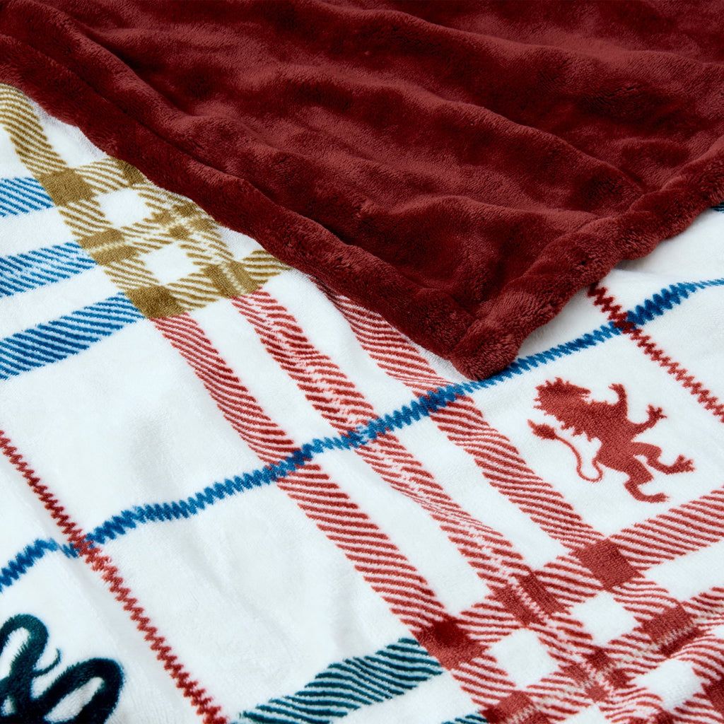 Decorative Knitted Academic Plaid Tartan Crest with Faux Leather Patch and Milky Mink Reverse Throw, 60x70 inches - Luxury Knitted Decorative Throw Blanket with Fringes Detail