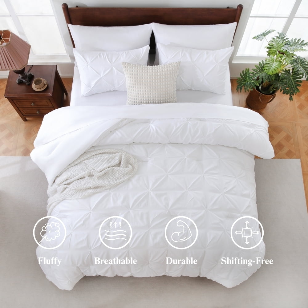Heavyweight Warmth 7 Pieces Pinch-Pleated Comforter Set, White Queen Size - Luxurious Quilted Duvet Cover Set Detail