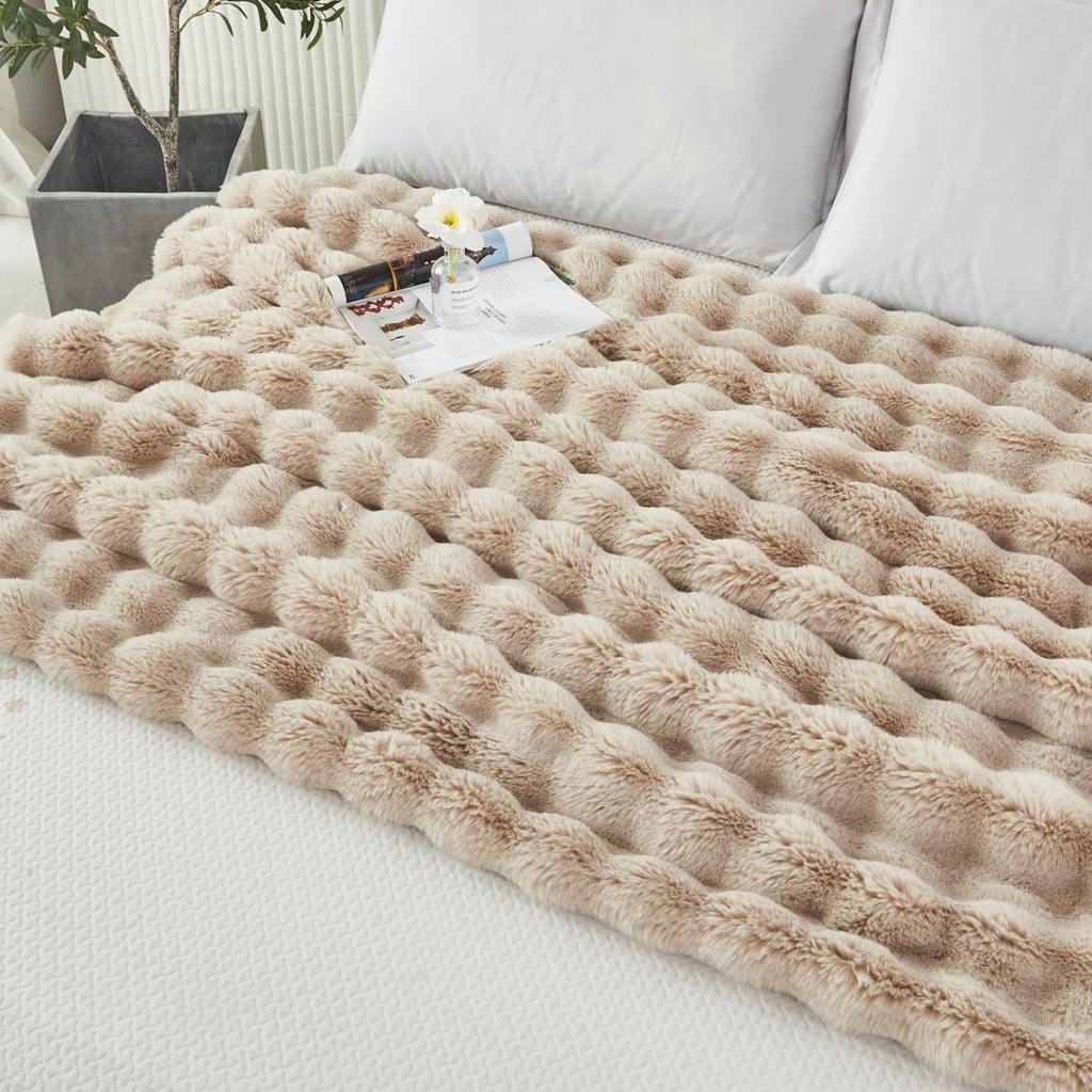Cozy Fleece Taupe Faux Fur Bubble Blankets for Couch Chair Sofa Luxury Fluffy Thick Bubble Throw Blanket Furry Blanket Fuzzy Soft... - Luxury Knitted Decorative Throw Blanket with Fringes Detail