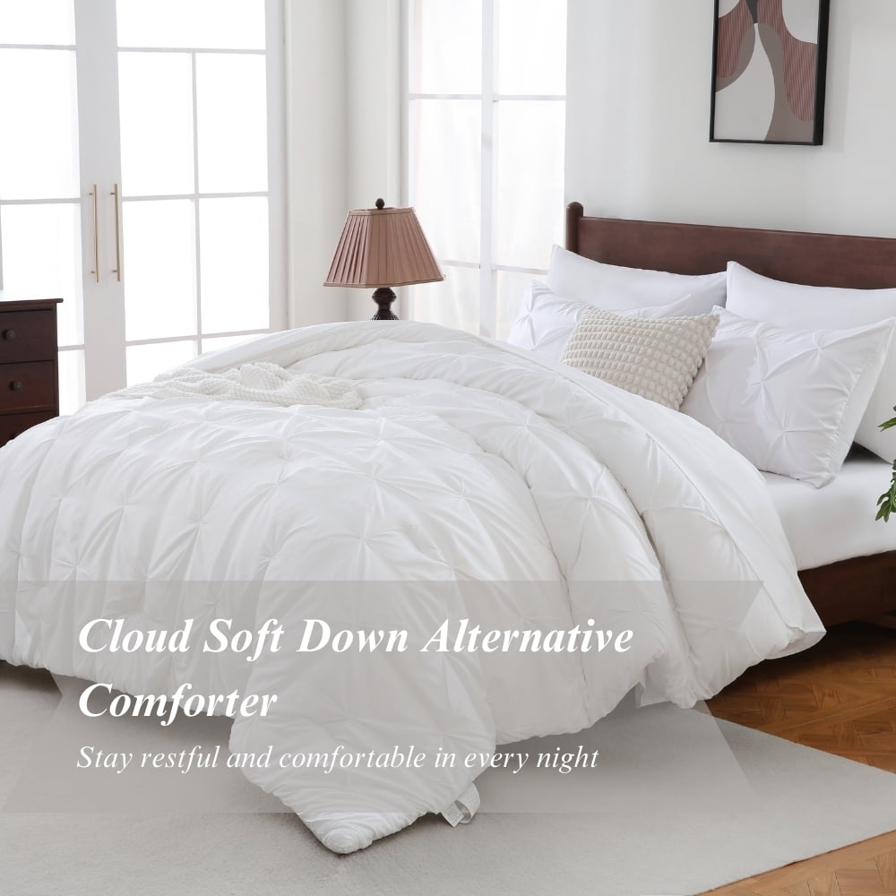 Heavyweight Warmth 7 Pieces Pinch-Pleated Comforter Set, White Queen Size - Luxurious Quilted Duvet Cover Set Detail