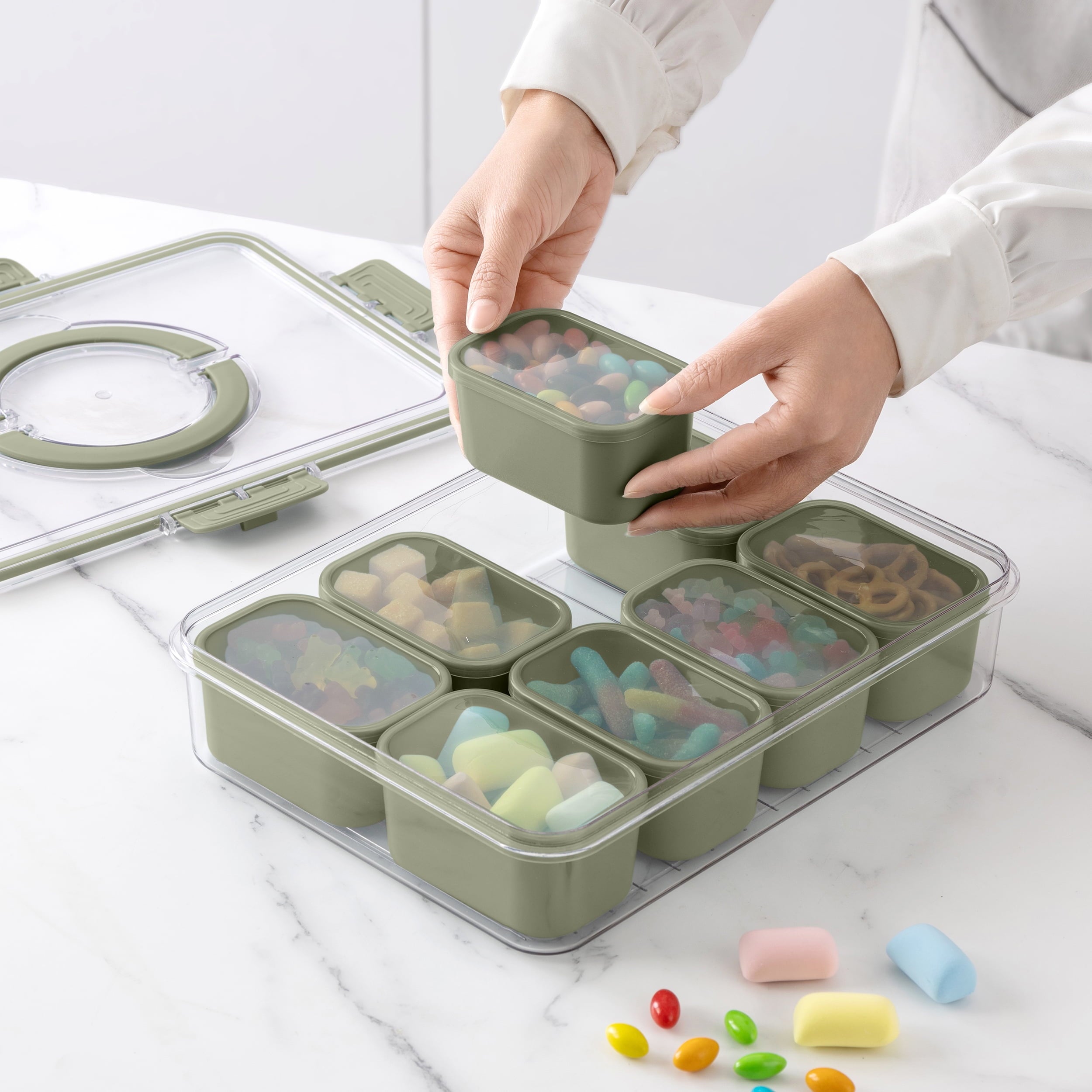Whimsical Doughnut 8-Compartment Snackle Box, Charcuterie and Snack Container, Divided Serving Tray with Lids and Handle, Dishwasher Saf... - Squishy Dohnut Sweet Treat Shaped Stress Toy Detail