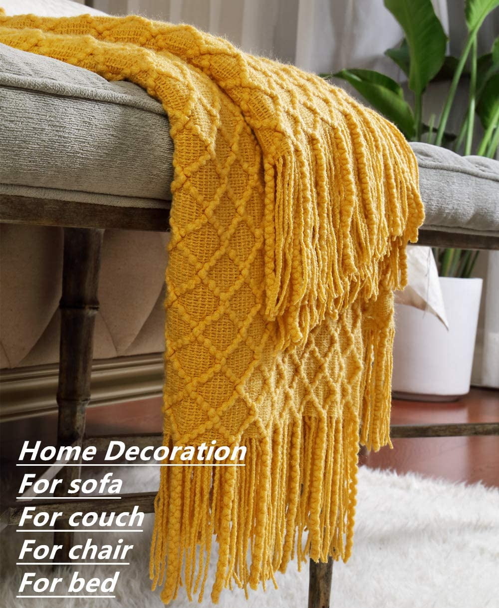 Reversible Sherpa Decorative Soft Spring Summer Fall Throw Blanket ,for Couch Sofa Chair Bed,50''X60'',Mustard Yellow - Cozy Fleece Throw Blanket for Couch & Bed Detail
