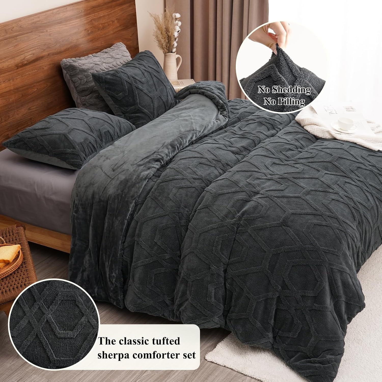 All-Season Warm Sherpa Fleece Queen Comforter Set, 3D Tufted Fluffy Dark Grey Bedding for Winter, Soft 3 Pieces Shaggy Bed Set, ... - Hypoallergenic Ultra-Fluffy Quilt for Winter Detail