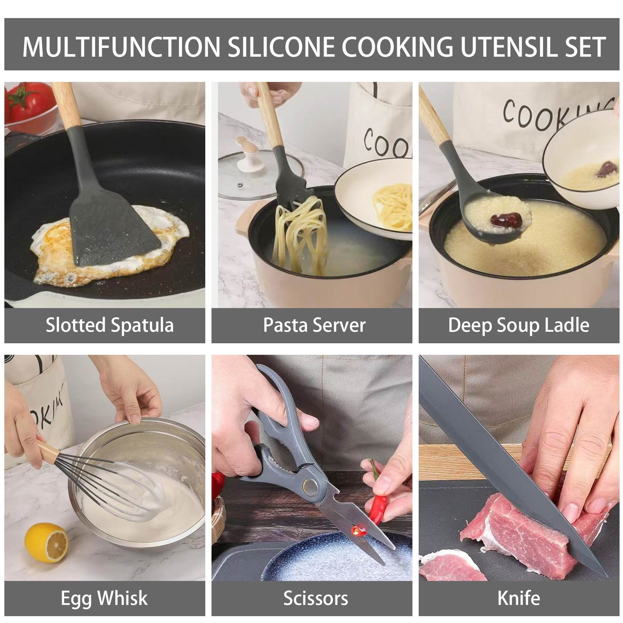 Premium Silicone 19-Piece Silicone Kitchen Utensil & Knife Set - Heat-Resistant Cooking Tools Non-Stick Safe Gift for Mom or Wo... - Ergonomic Kitchen Tongs and Cooking Spoon Utensil Detail
