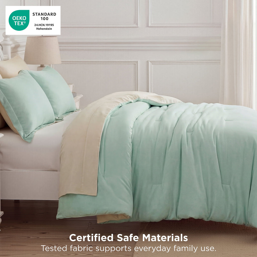 Fluffy Down Alternative Queen Comforter Set Sage Green, 7 Pieces Lightweight Queen Bedding Sets, Contrasting Design - All-Season Down Alternative Comforter Insert Detail