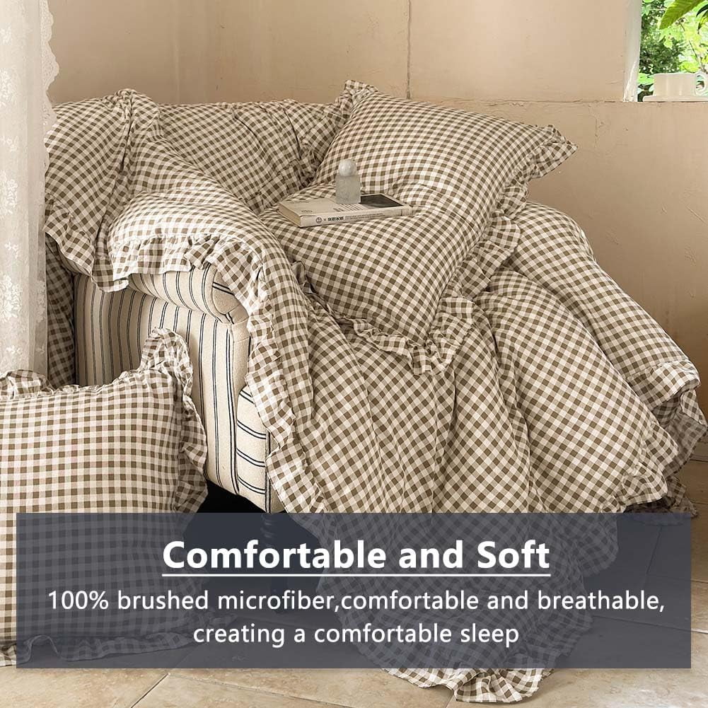 All-Season Tan Gingham Ruffle Queen Comforter Set, Taupe Ruffled Plaid Bedding Set, Ruffled Checked Bed Comforter 3 Pieces(Tan G... - All-Season Down Alternative Comforter Insert Detail