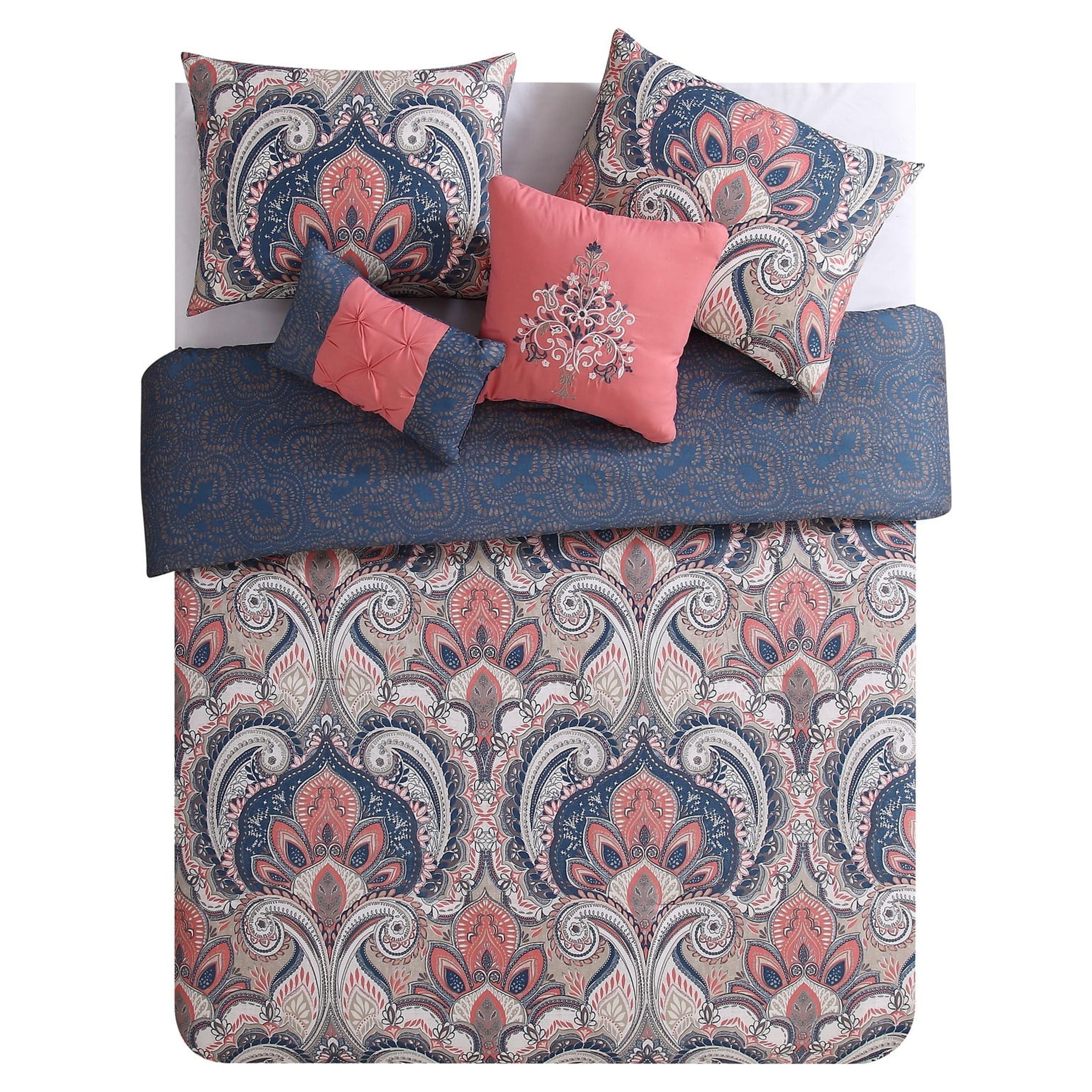 Heavyweight Warmth Casa Real 5-Piece Coral Damask Reversible Comforter Set, King, Adult, Unisex - Luxurious Quilted Duvet Cover Set Detail