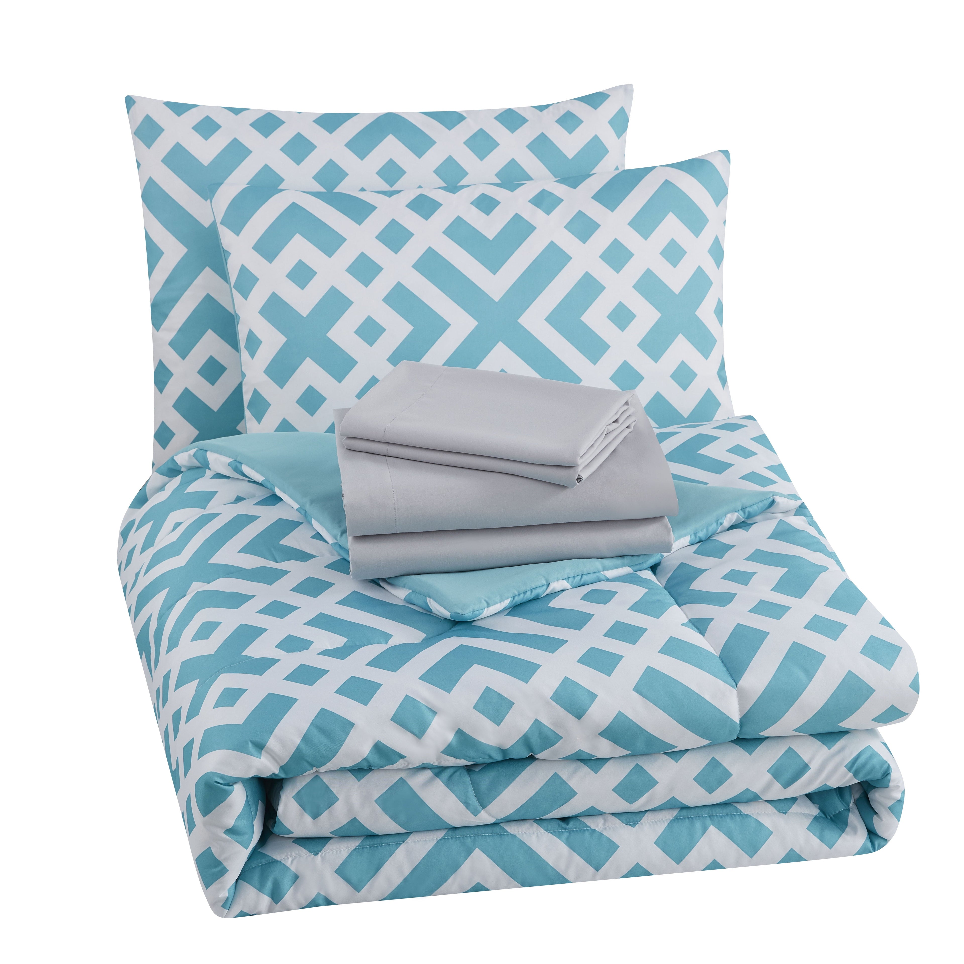 Fluffy Down Alternative Teal Geometric 6 Piece Bed in a Bag Comforter Set with Sheets, Twin/Twin-XL - Cloud-Like Soft Lightweight Bed Comforter Detail