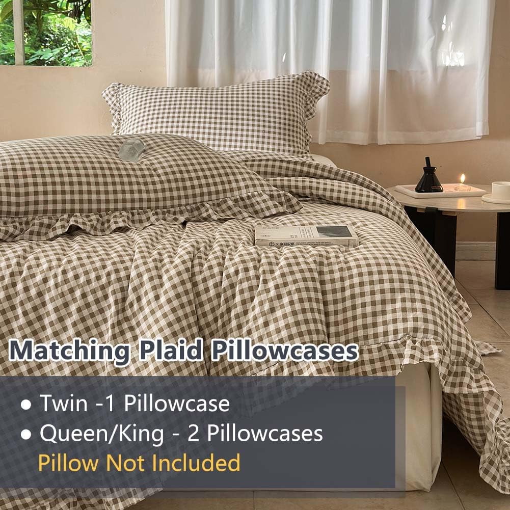All-Season Tan Gingham Ruffle Queen Comforter Set, Taupe Ruffled Plaid Bedding Set, Ruffled Checked Bed Comforter 3 Pieces(Tan G... - All-Season Down Alternative Comforter Insert Detail