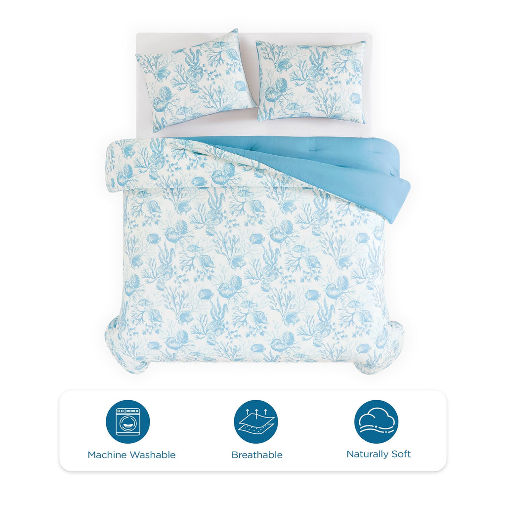 Hypoallergenic Cloud 3-Piece Lightweight 100% Cotton Blue & White Ocean Print Comforter Set, Full/Queen - Luxurious Quilted Duvet Cover Set Detail
