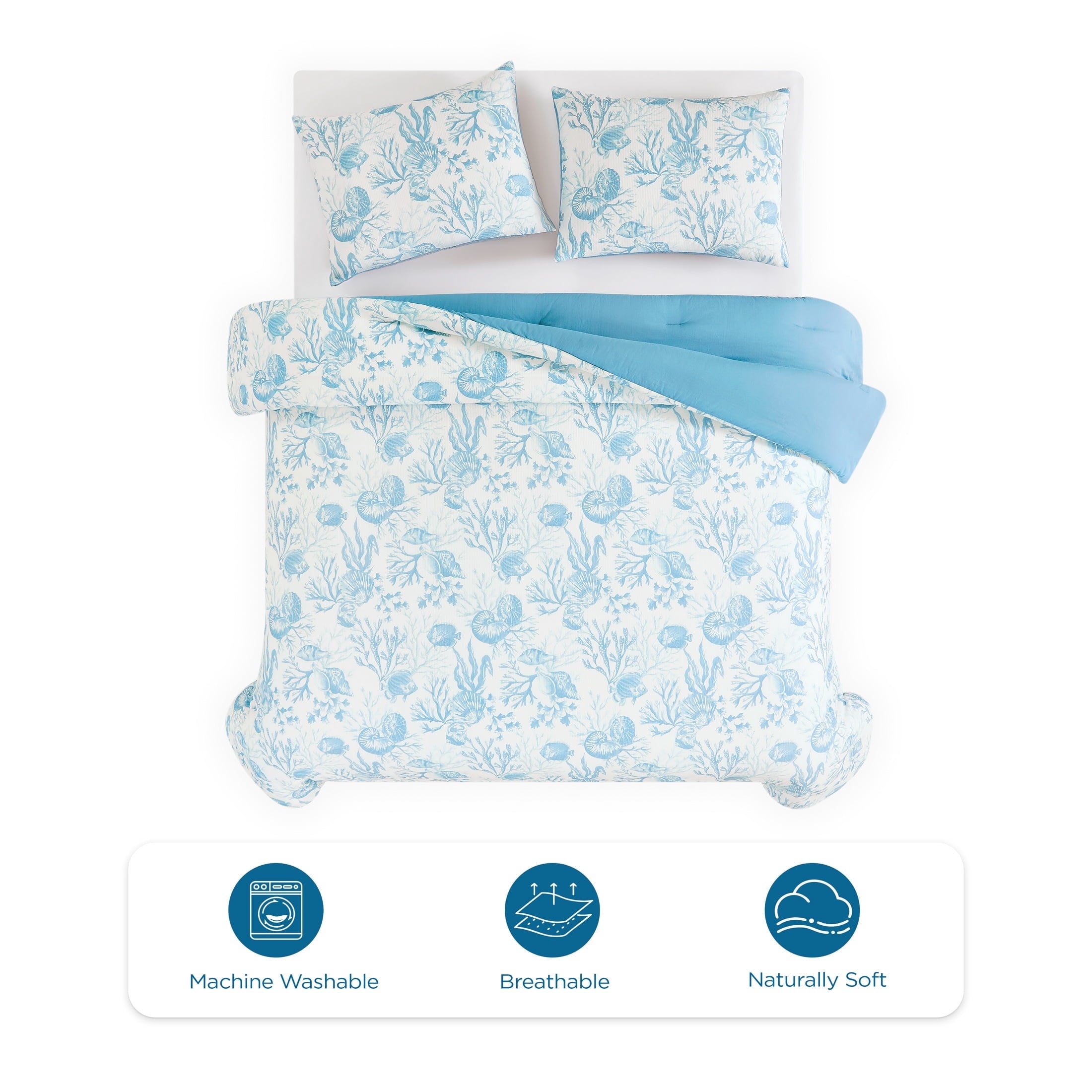 Hypoallergenic Cloud 3-Piece Lightweight 100% Cotton Blue & White Ocean Print Comforter Set, Full/Queen - Luxurious Quilted Duvet Cover Set Detail