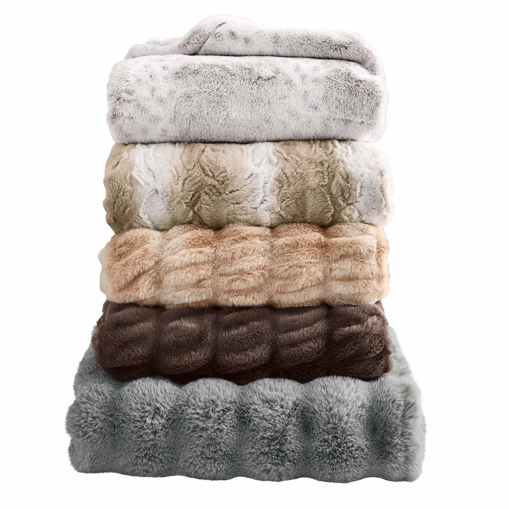 Cozy Fleece Almond Biscuit Ombre Faux Fur Throw, 50"x72" - Luxury Knitted Decorative Throw Blanket with Fringes Detail
