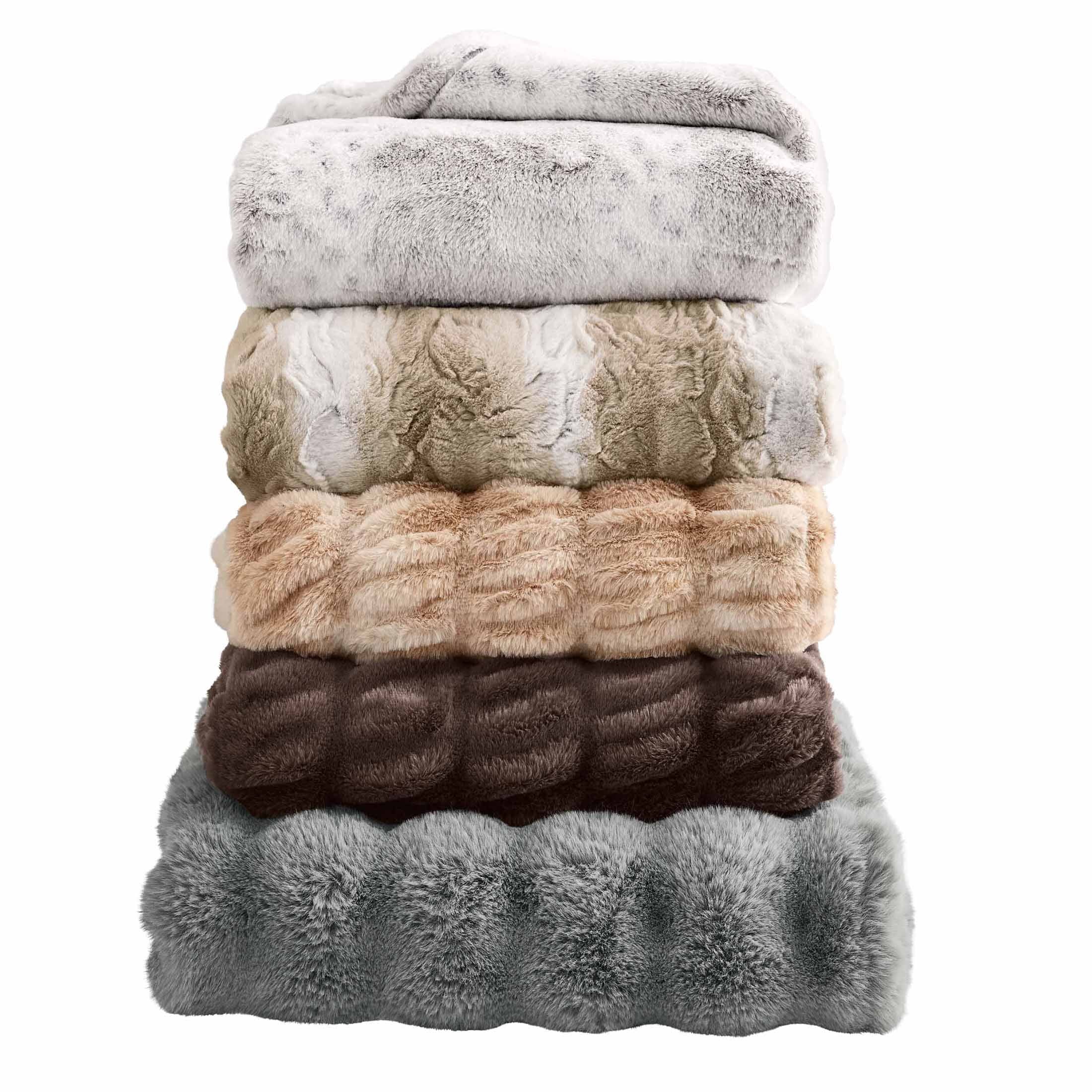 Cozy Fleece Almond Biscuit Ombre Faux Fur Throw, 50"x72" - Luxury Knitted Decorative Throw Blanket with Fringes Detail